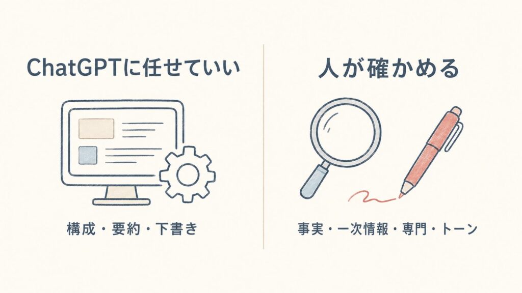 ChatGPTに任せていい部分（構成・要約・下書き）と人が確かめる部分（事実・一次情報・専門・トーン）を分けて示した図