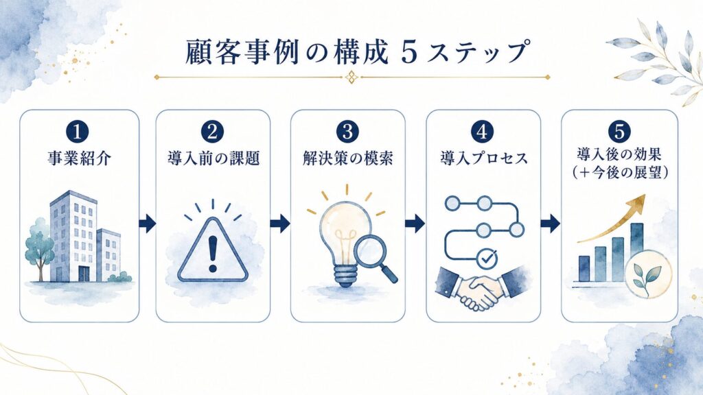 導入事例記事の5つの構成を横並びのフロー図で示す。「①事業紹介→②導入前の課題→③解決策の模索→④導入プロセス→⑤導入後の効果（＋今後の展望）」
