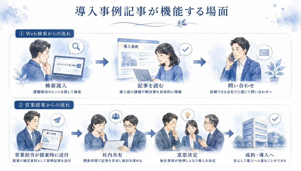 導入事例記事が機能する場面を示した図。「検索流入→記事を読む→問い合わせ」と「営業担当が提案時に送付→社内共有→意思決定」の2つの流れをビジュアル化