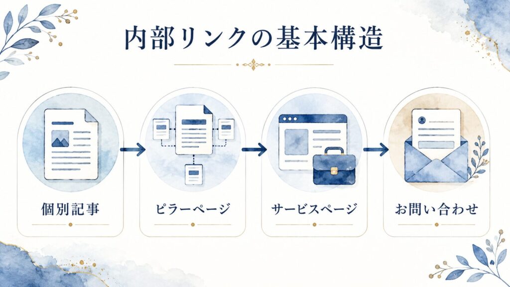 内部リンクの基本構造図。「個別記事→ピラーページ→サービスページ→お問い合わせ」の流れを矢印で示した図。
