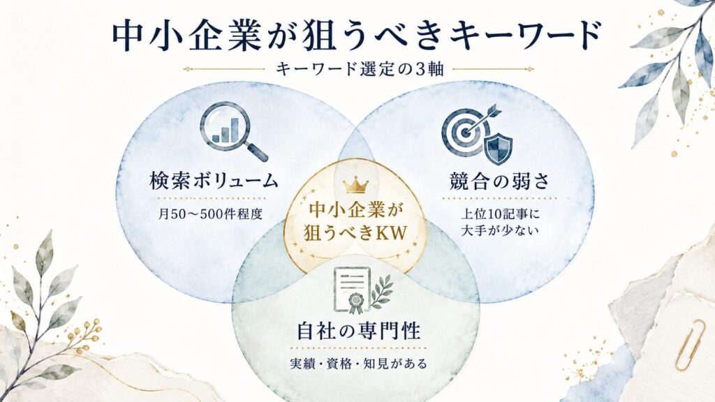 キーワード選定の3軸を示した図。「検索ボリューム（小〜中）」「競合の弱さ」「自社の専門性の高さ」の3つが重なる領域が「中小企業が狙うべきKW」というベン図。