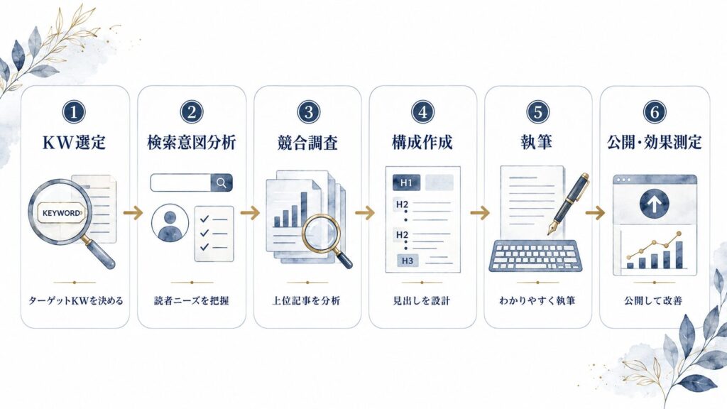 SEO記事制作の手順（キーワード選定から効果測定まで6ステップ）