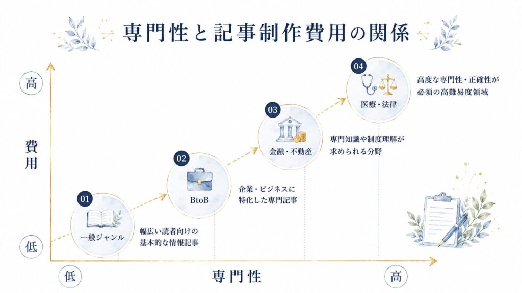 専門性の高さと費用の関係を示した図。横軸：専門性（低→高）、縦軸：費用（低→高）の相関関係をシンプルに図解。一般ジャンル・BtoB・金融不動産・医療法律の順に並べる。