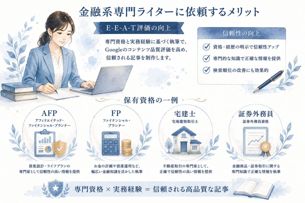金融系専門ライターが持つ資格・スキルを示した図。AFP・FP・宅建士・証券外務員などの資格アイコンを並べたビジュアル。