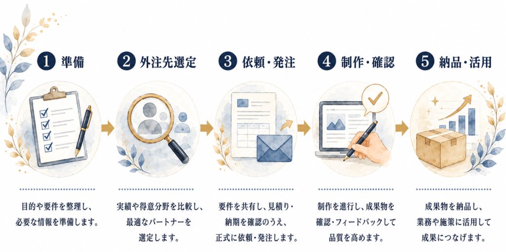 発注から納品までの流れを示したフロー図。