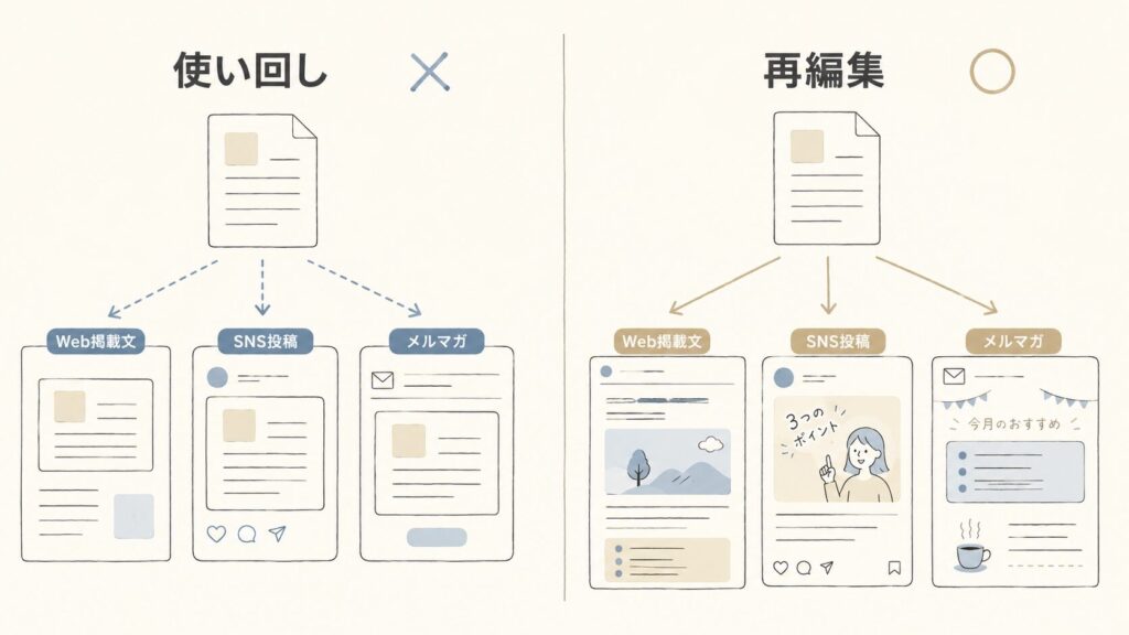 導入事例展開の「使い回し（そのまま貼る）」と「再編集（媒体ごとに作り直す）」の違いを対比で示した図