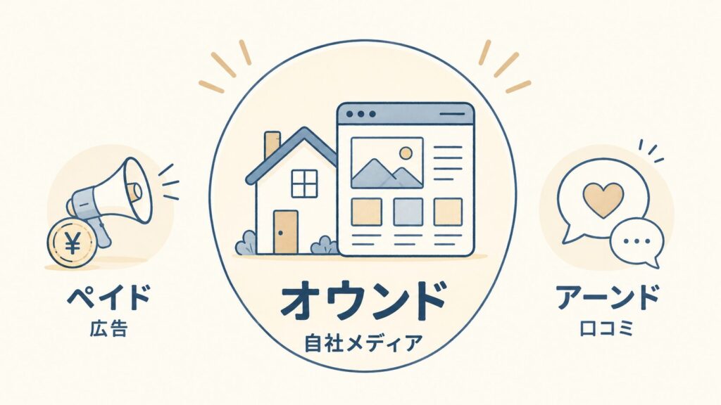 やわらかく丸みのある手描き線画で、3つの項目を横一列に並べた図を描いてください。背景は温かみのあるクリーム色（#FBF8F1）、差し色はくすんだ青とベージュ／サンド。上品でミニマル、余白広め。各項目は「線画アイコン＋短い日本語ラベル」で構成。左から順に、1「オウンド」＝家やサイトのアイコン＋「自社メディア」、2「ペイド」＝お金やメガホン＋「広告」、3「アーンド」＝吹き出しやハート＋「口コミ」。中央の「オウンド」をやや大きく・強調する。日本語の文字は正確に、読みやすいゴシック体で。横長（16:9）。