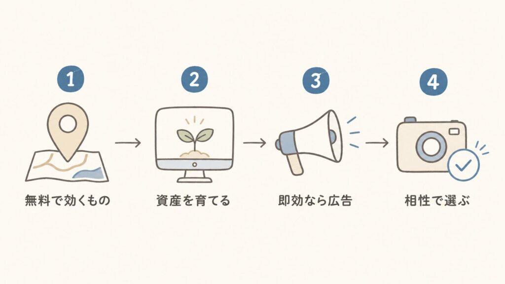不動産Web集客手法の選び方の順番（無料で効くもの→資産を育てる→即効なら広告→相性で選ぶ）を示した図