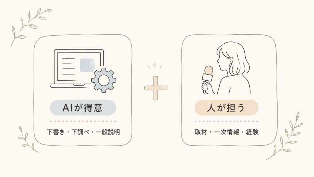 AIと人の役割分担（AI＝下書き・下調べ／人＝取材・一次情報・経験）を左右で示した図