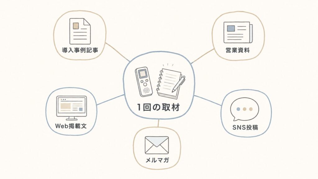 1回の取材から展開できる5つの形（導入事例記事・営業資料・Web掲載文・SNS投稿・メルマガ）を中心から枝分かれで示した図