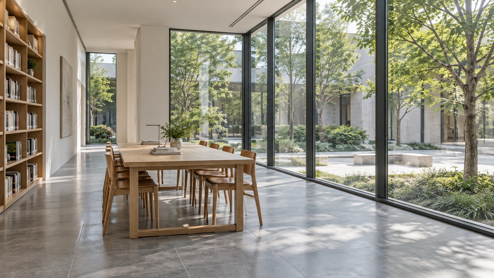 建築用ガラスの窓と中庭を組み合わせた読書室のコンセプト