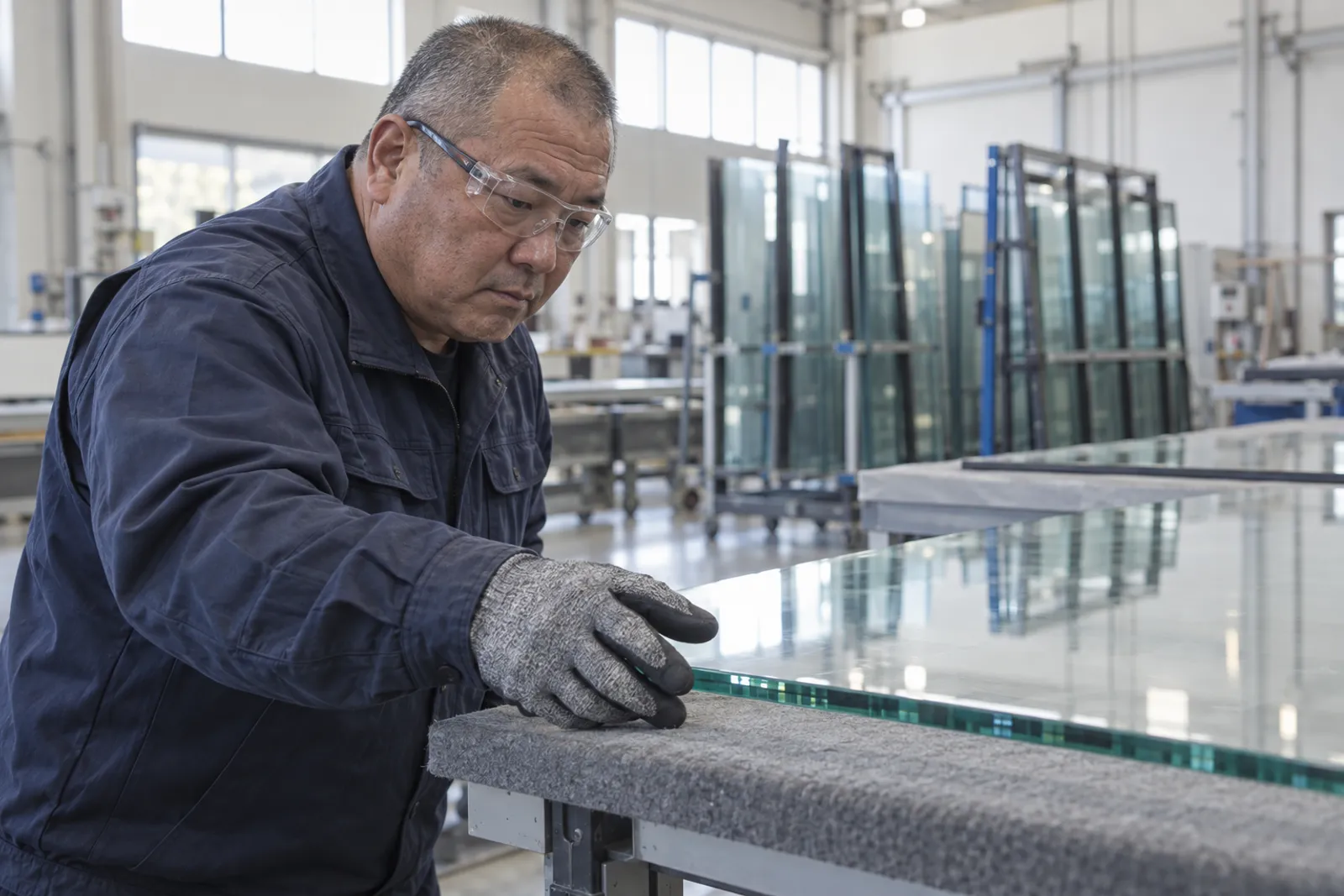 保護メガネと切創防止手袋を着け、作業台上のガラスの端面を確認する製造部の社員