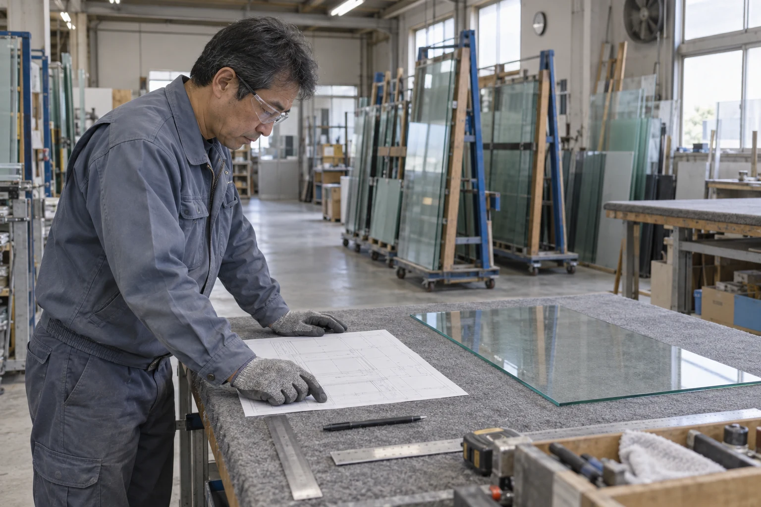 日本の加工工場を想定し、保護具を着用して図面を確認する架空の作業者
