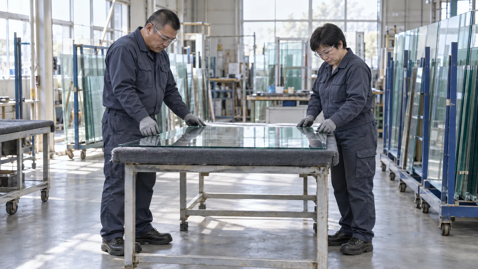 ガラスを加工する作業区域を備えた明るい工場