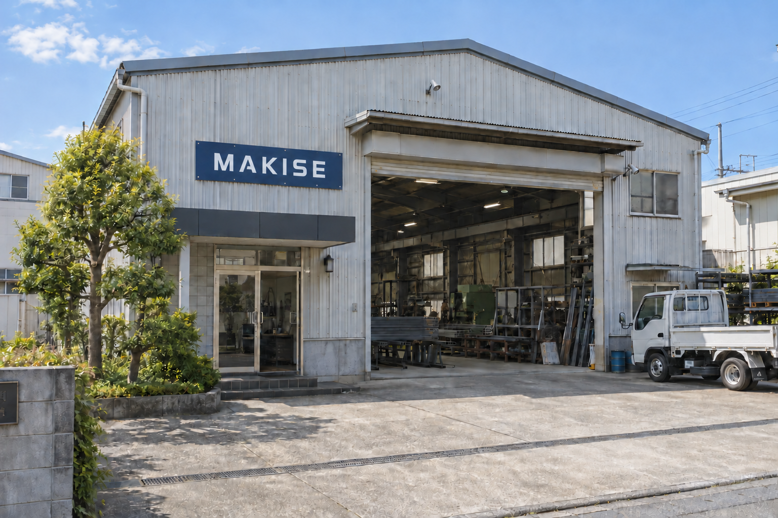 紺色の「MAKISE」の看板を掲げた本社工場の外観イメージ