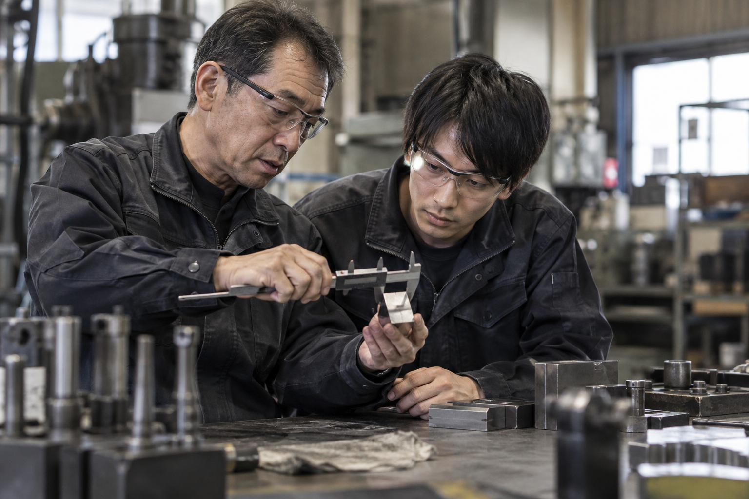 先輩と一緒に部材の寸法を確認する製作者のイメージ
