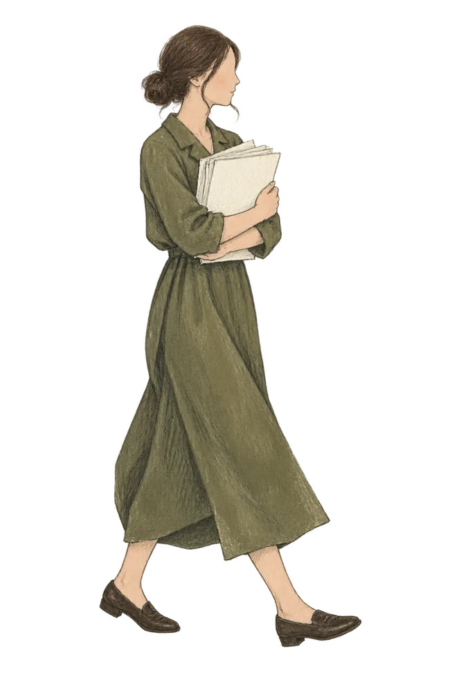整えた原稿の束を抱えて、届けに歩く女性