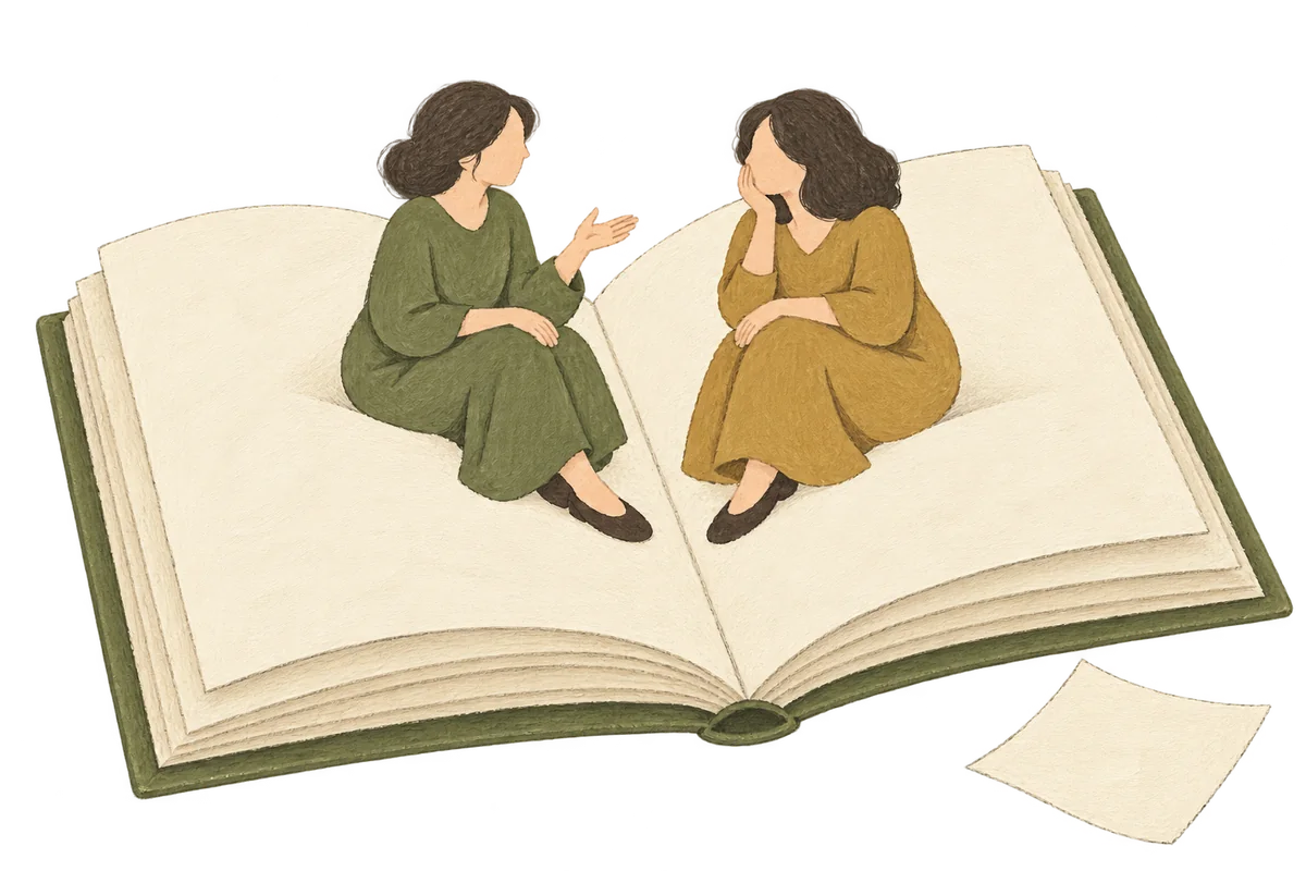 開いた本の上で話す二人。社員の話から採用サイトをつくることを表すイラスト