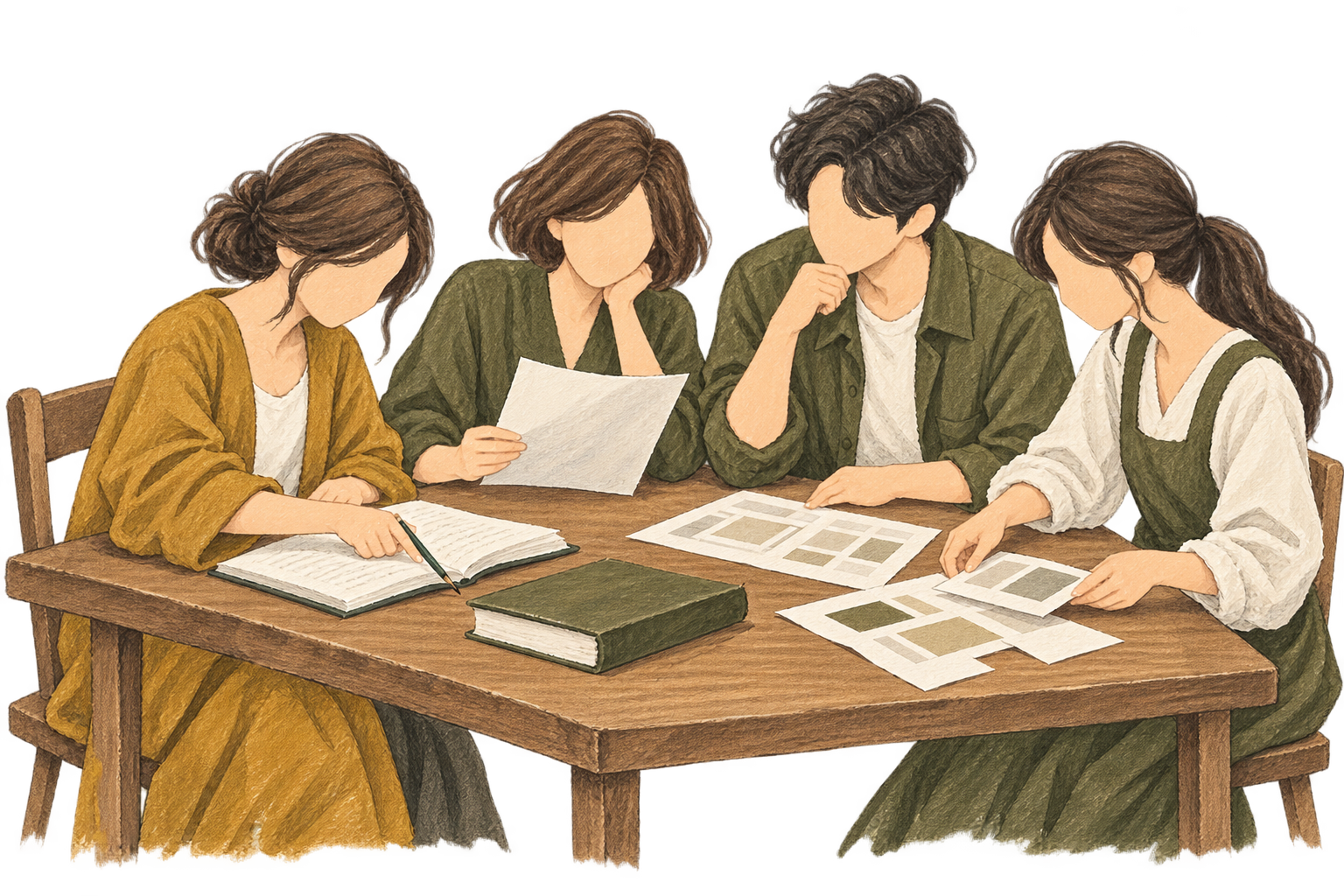 一つの原稿を囲み、取材・編集・設計・デザインを一緒に考えるチームのイメージ