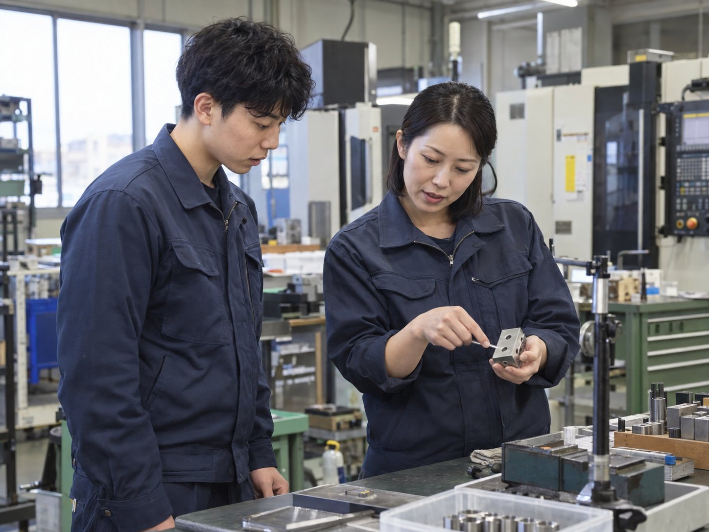 作業台で部品を見せながら、新人に使い方を説明する先輩社員