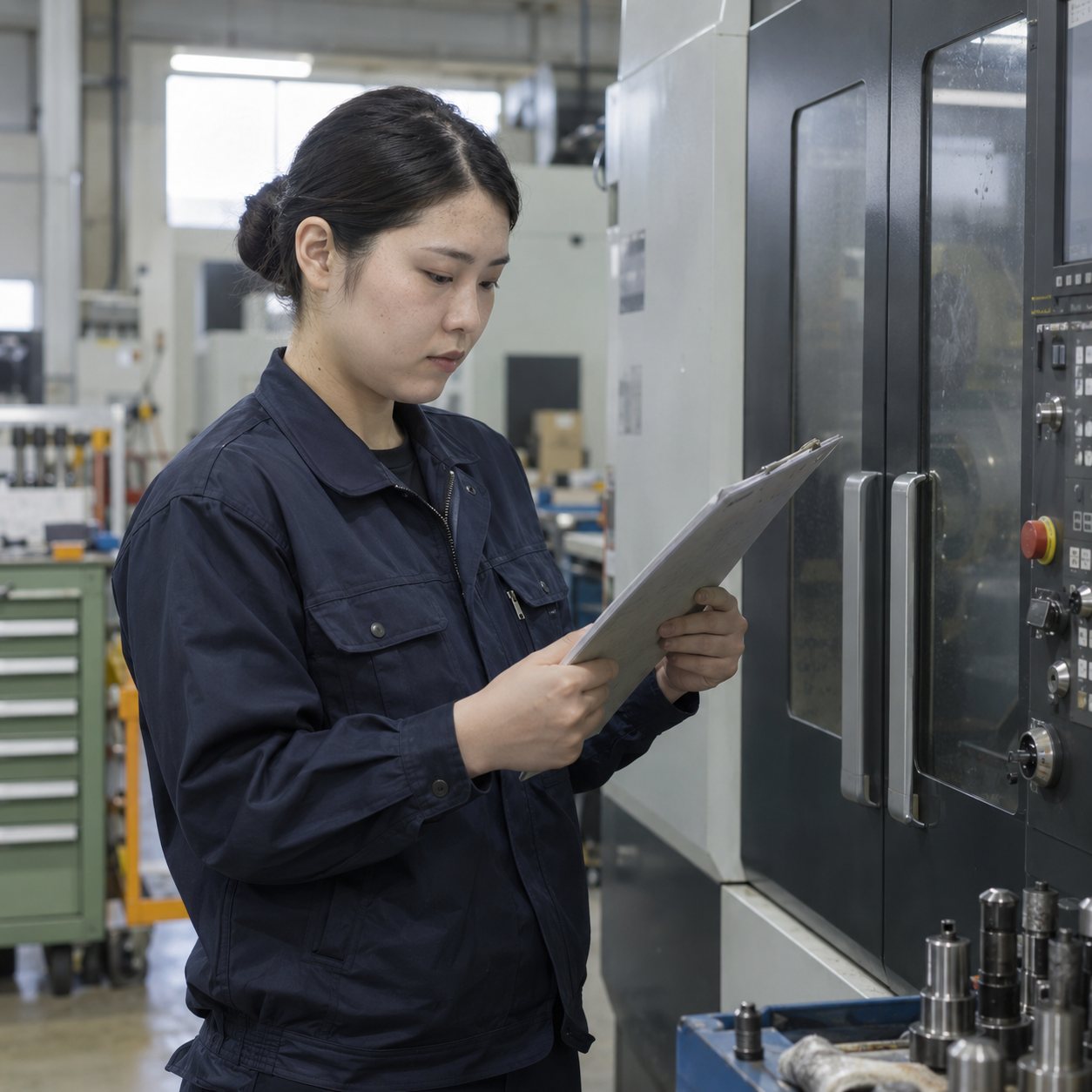 機械のそばで段取り表を確認する製造担当の女性社員