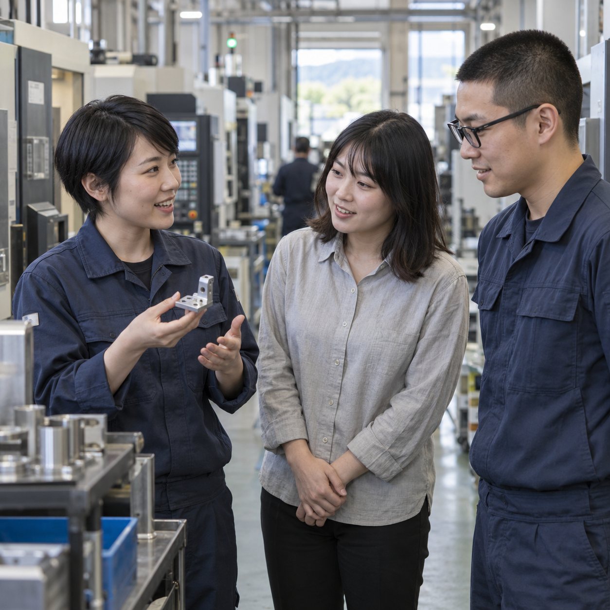 工場見学で仕事について話す社員たち