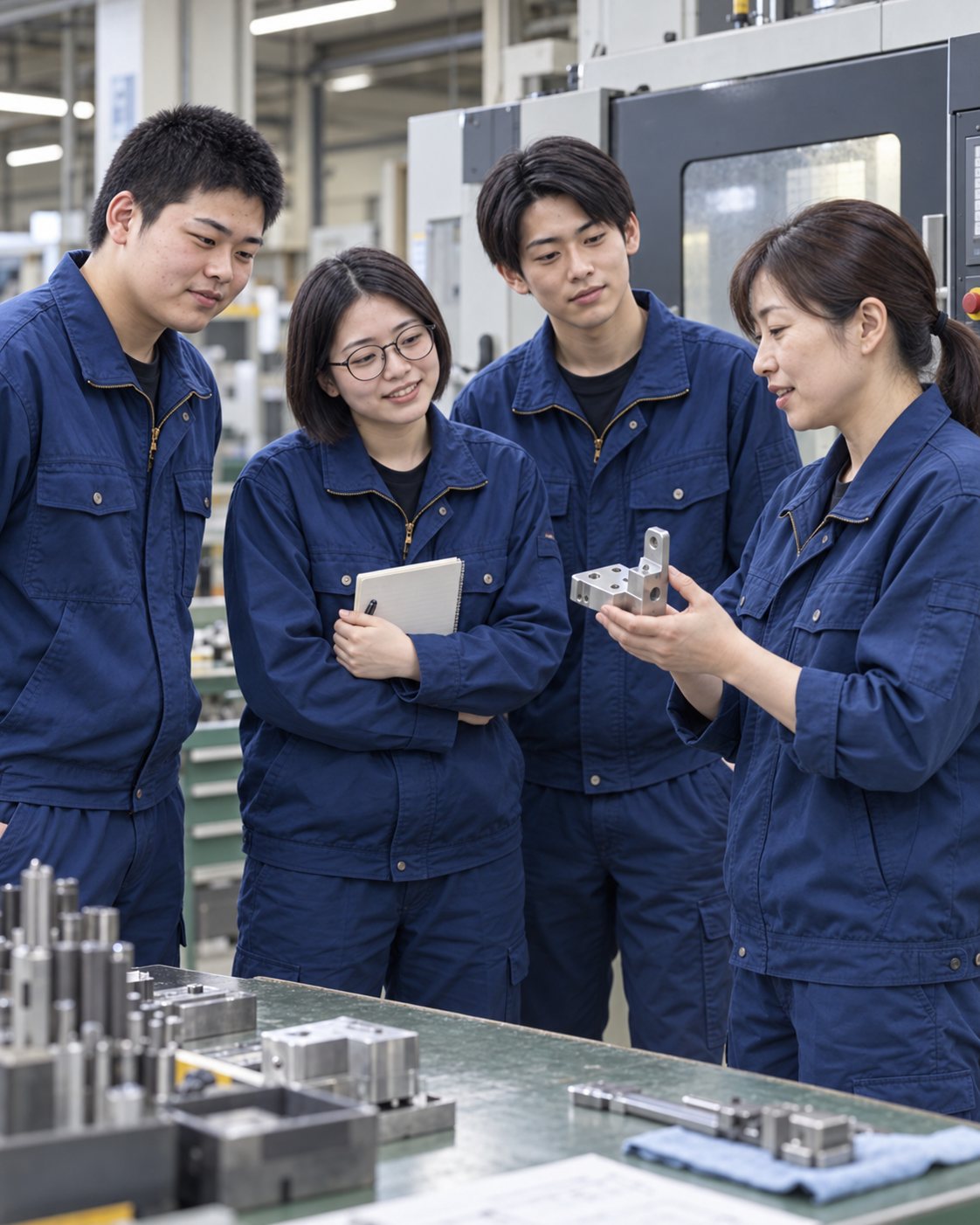 加工機の前で、先輩から部品の説明を受ける入社1年目の3人