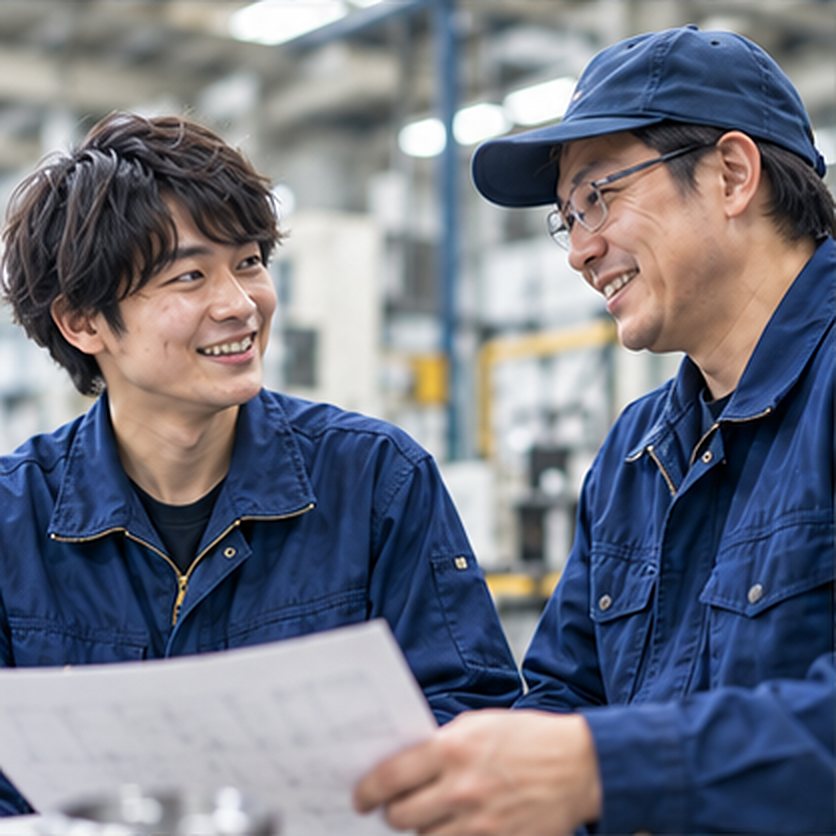 後輩と話す加工担当の先輩社員