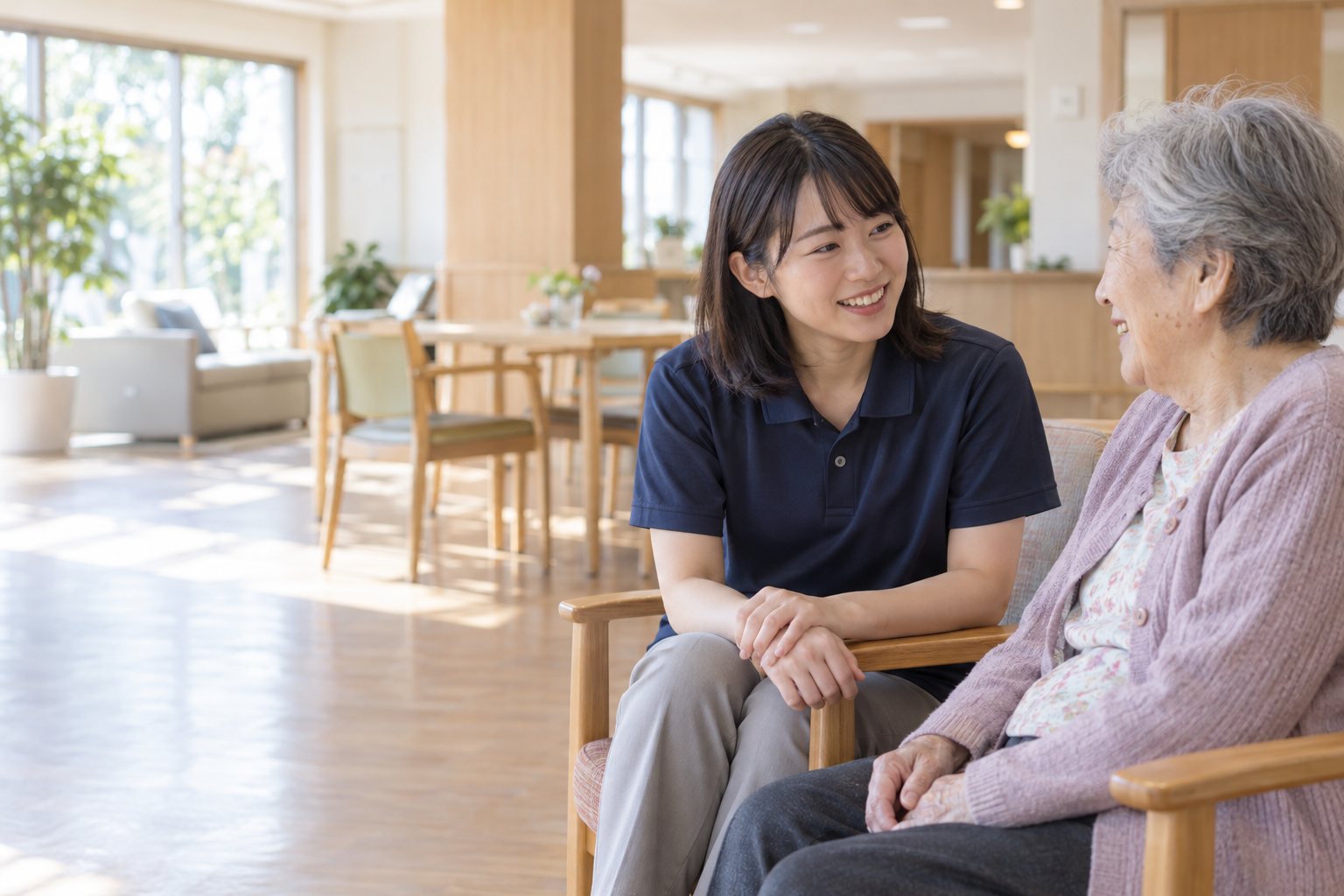 窓辺で利用者の話を聞く介護職の美咲さん