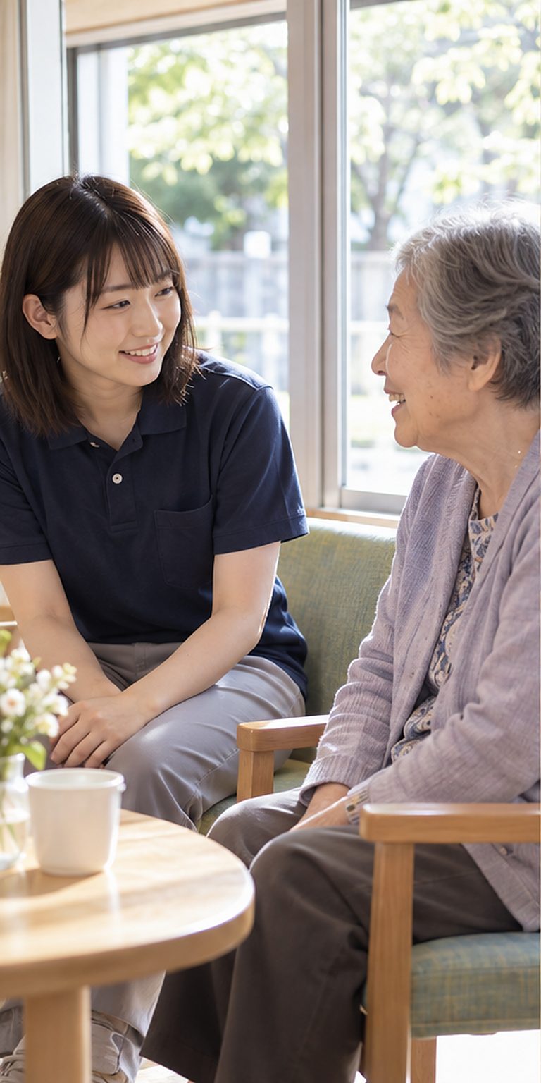 利用者と目線を合わせて話を聞く職員