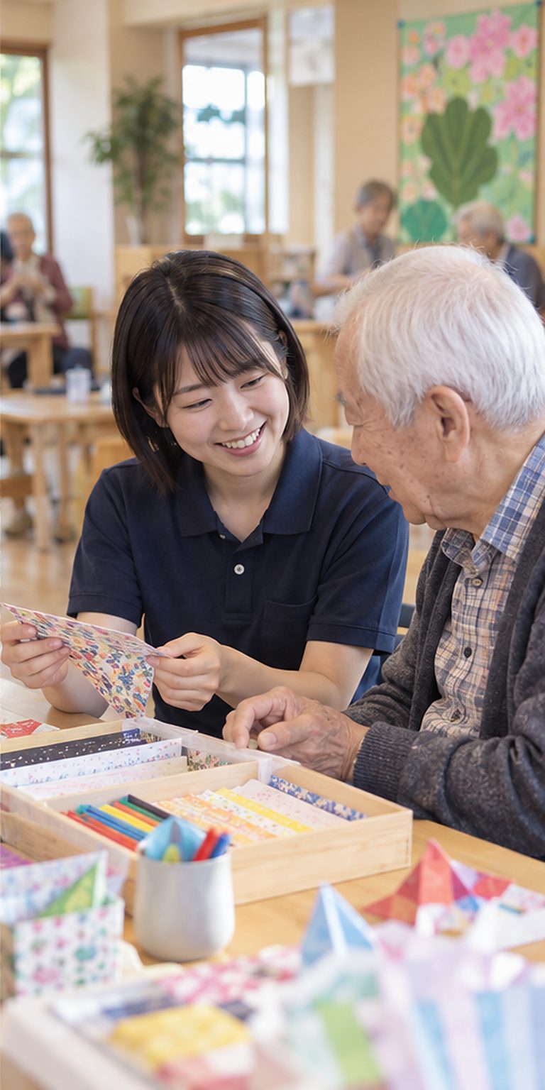 利用者と活動の準備をする介護職