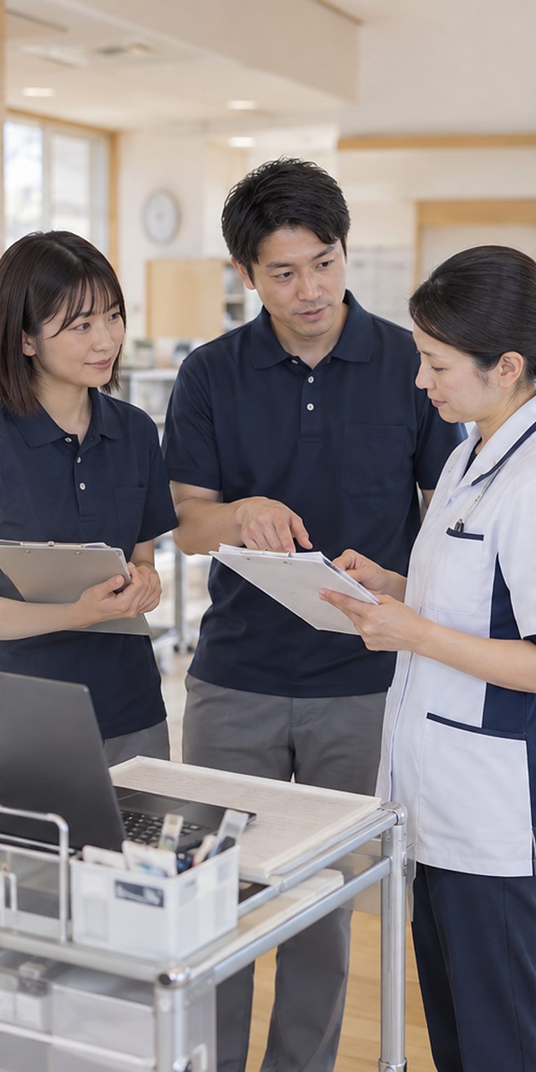申し送りで情報を共有する職員