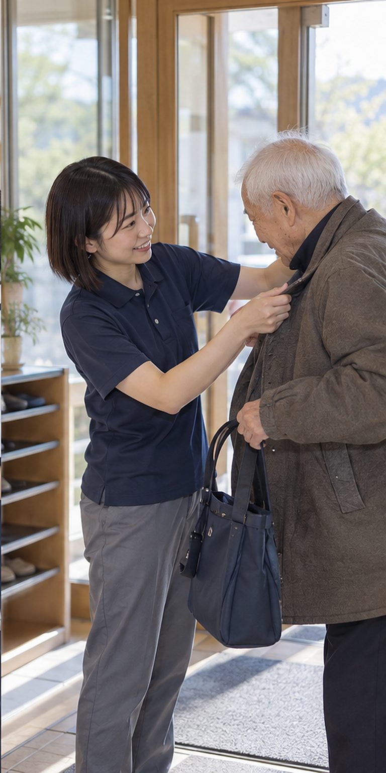 帰りの支度を支える職員