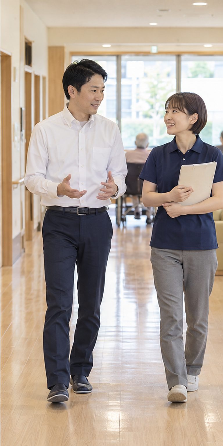 生活相談員が見学者を案内する