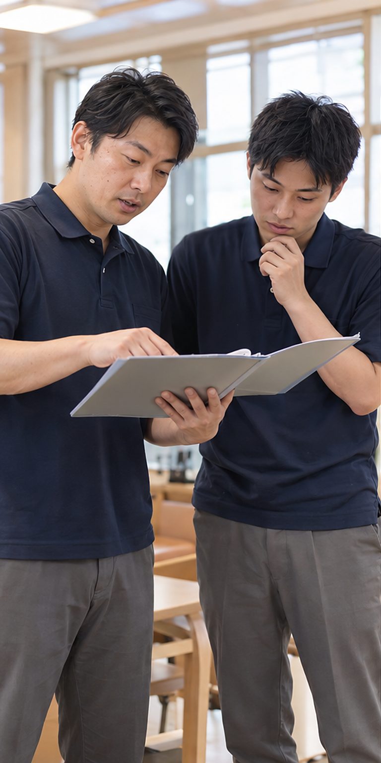 先輩と新人が手順を確認する