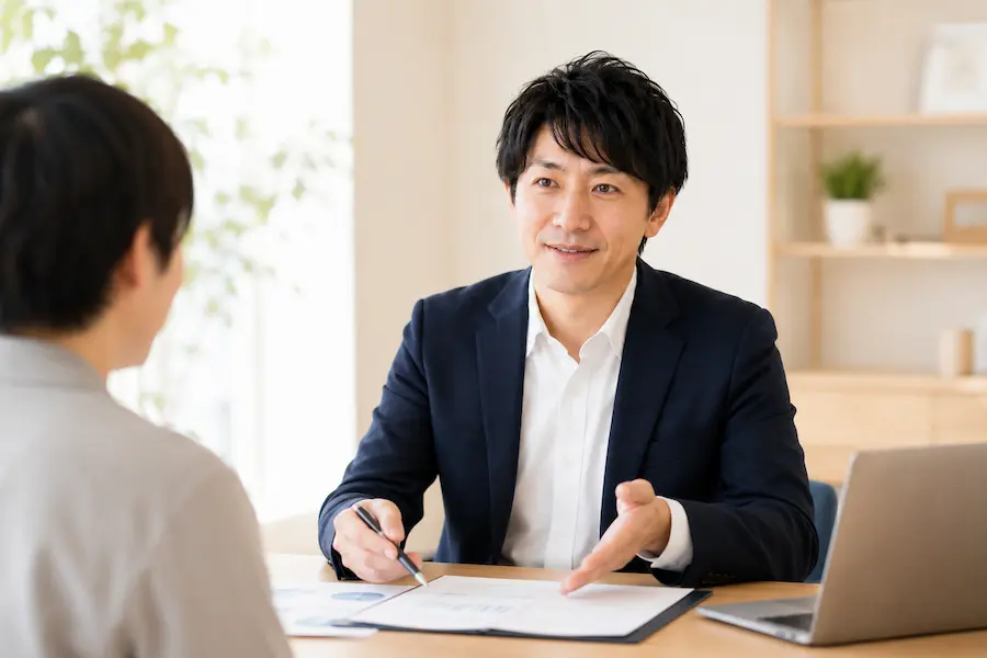 テーブルを挟んで相談する様子