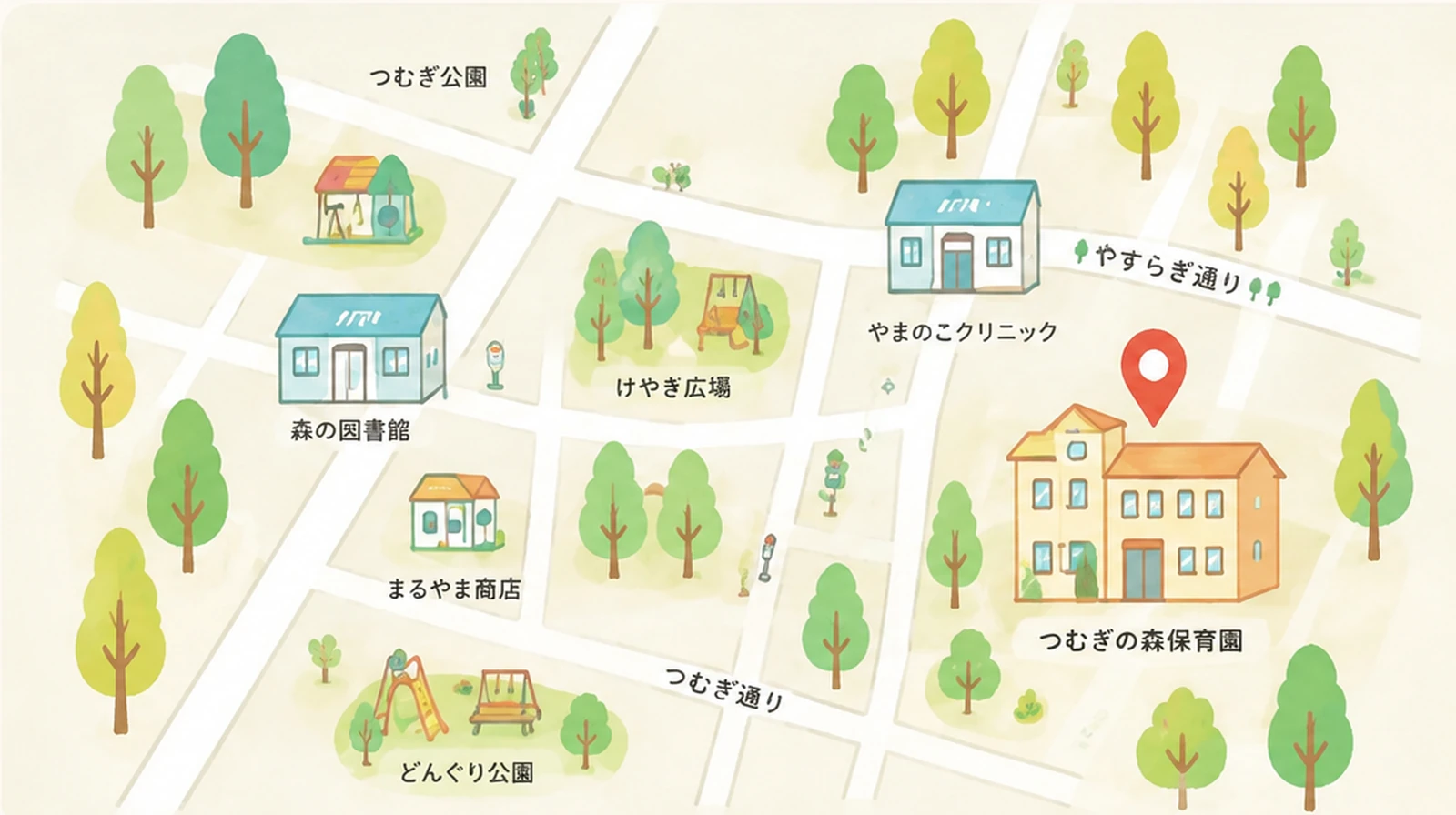 園の周辺を示したイラストマップ。園の位置に目印が付いています。