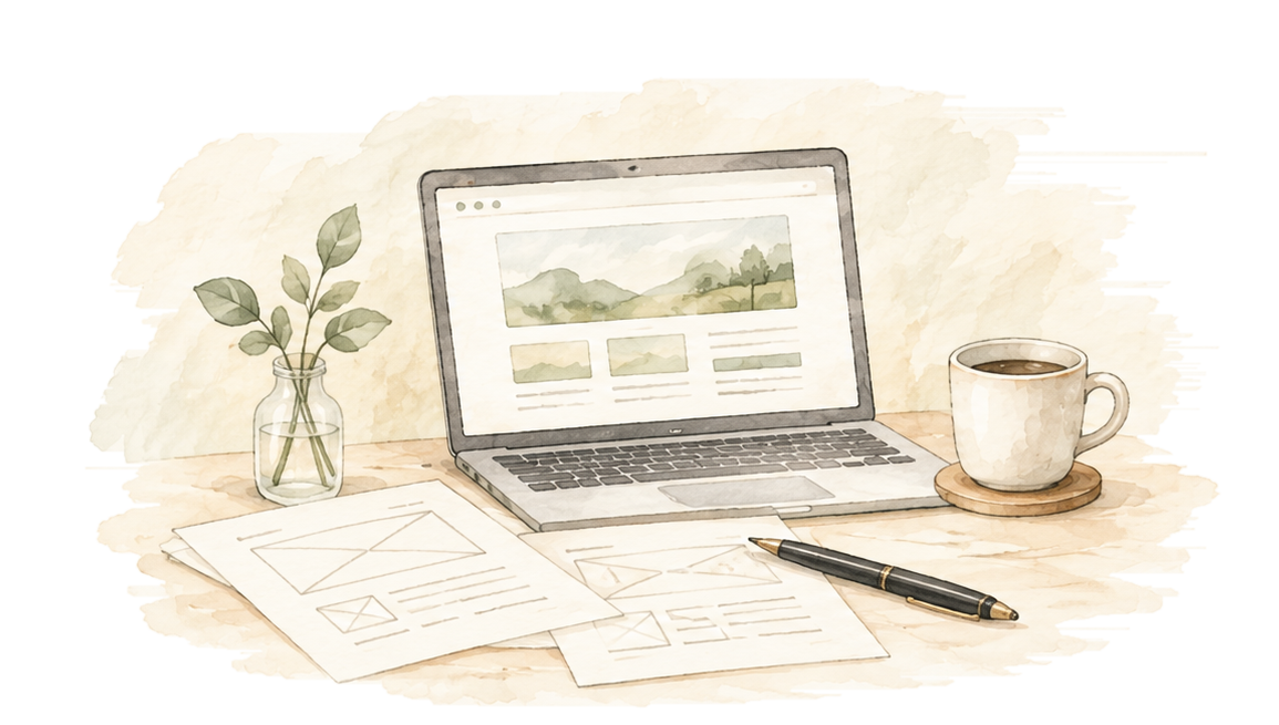 Webサイトを表示したパソコンと制作資料