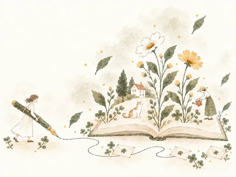 開いた本から草花が育ち、小さな人たちが言葉の庭を手入れする挿絵