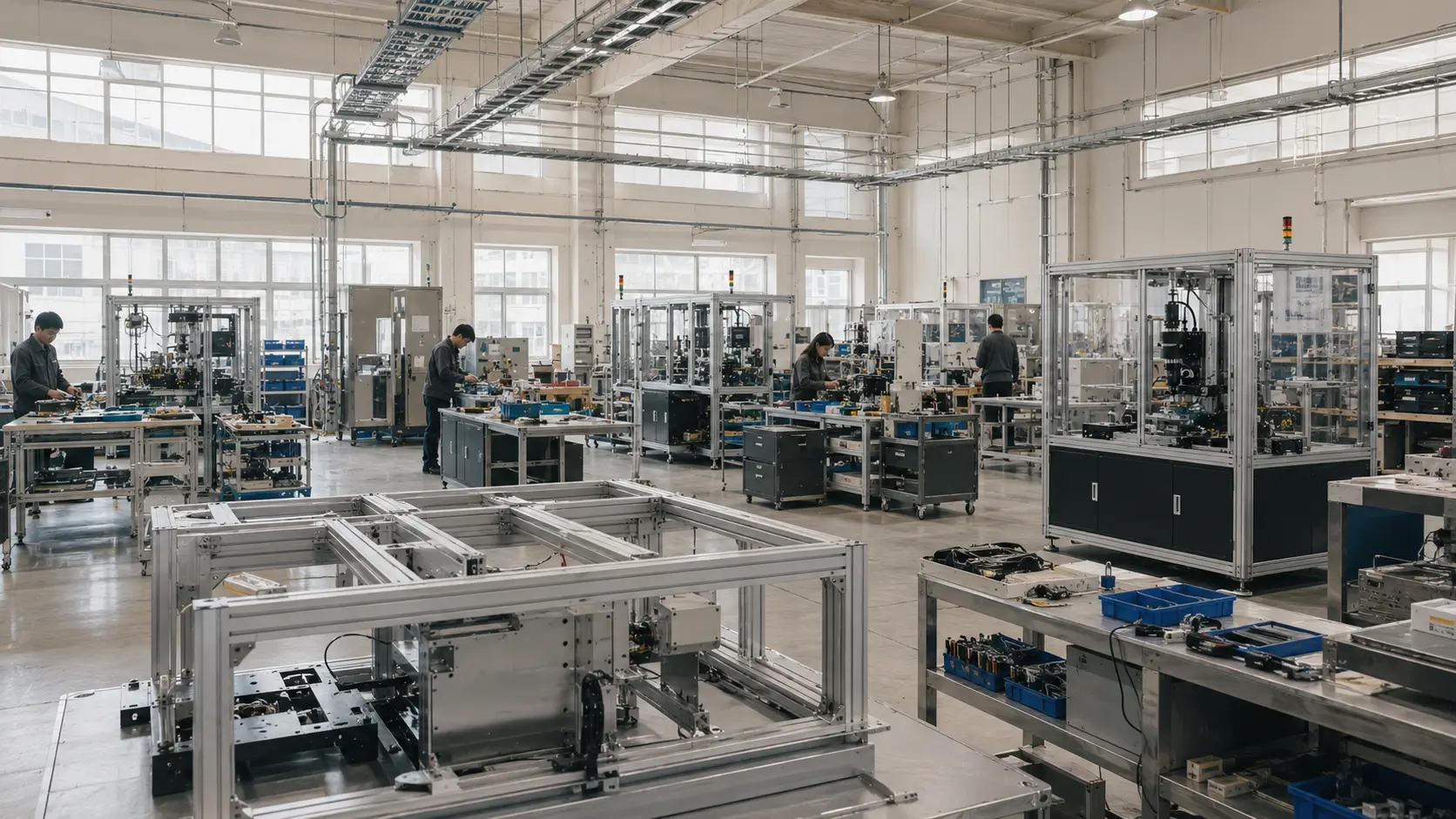 複数の検査装置を組み立てる青澄テクニカの工場