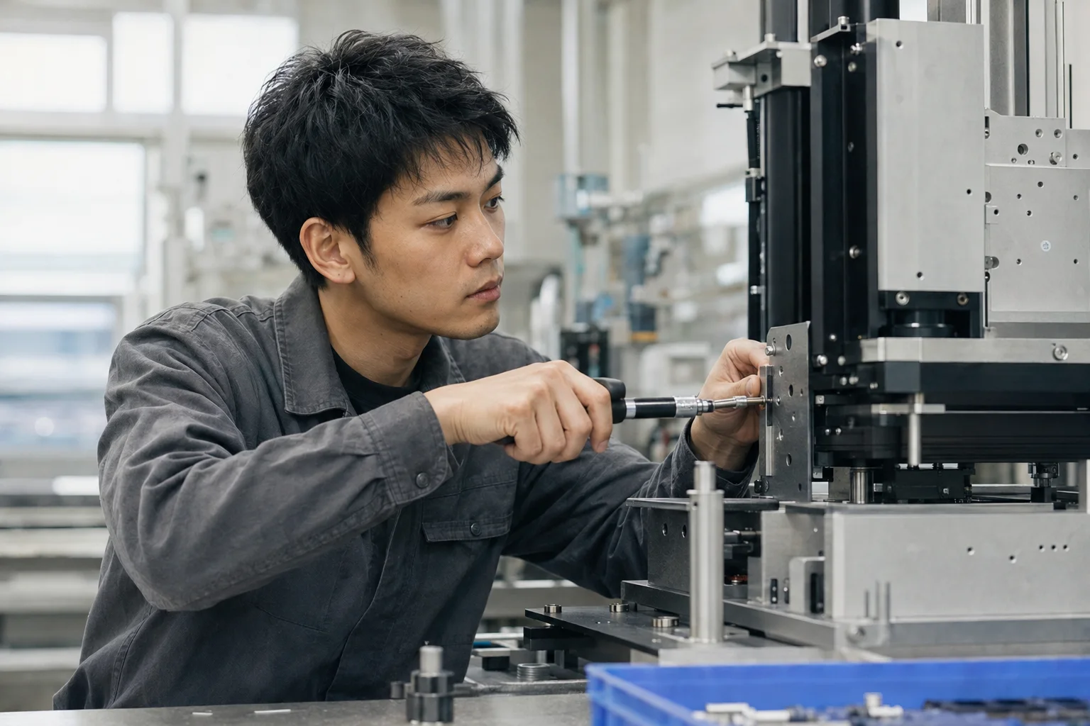 装置のカメラ固定部を工具で調整する秋山直人
