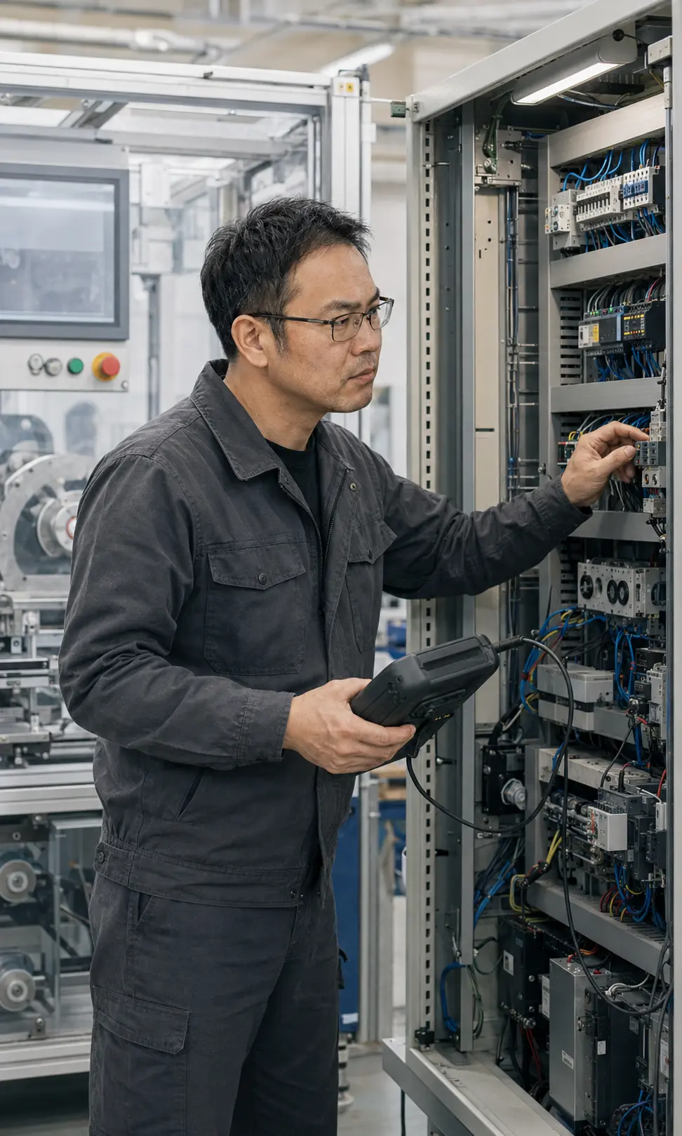 制御盤の配線を診断機器で確認する佐伯圭介