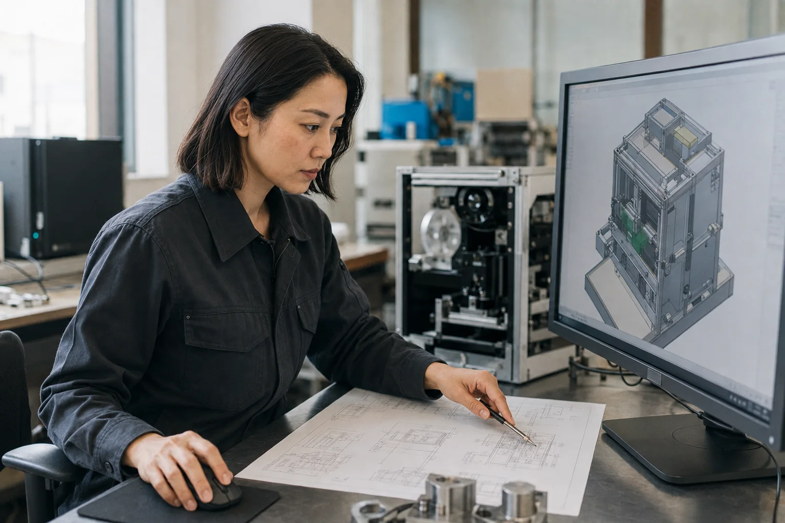 図面と3Dモデルを見比べながら機構を検討する宮原綾
