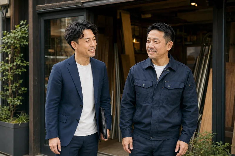 株式会社青嶺建装（架空）の経営者。事業所前で代表税理士と話している