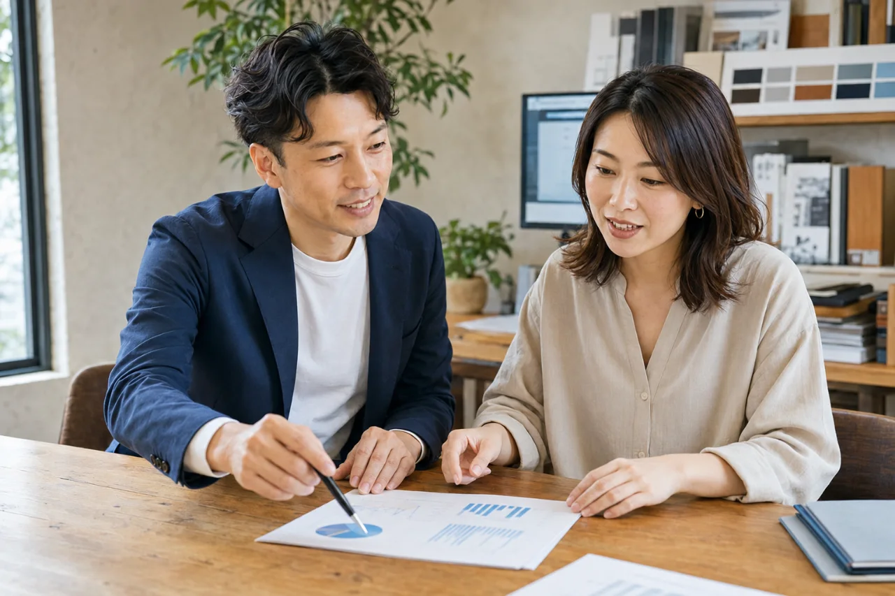 Web制作会社の事務所で、経営者と月次レポートを見ながら話す代表税理士