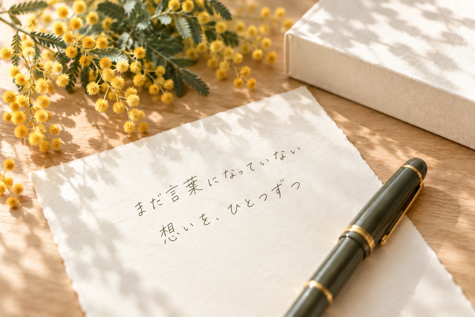 ミモザとペンを添えた紙に、手描きで『まだ言葉になっていない 想いを、ひとつずつ』