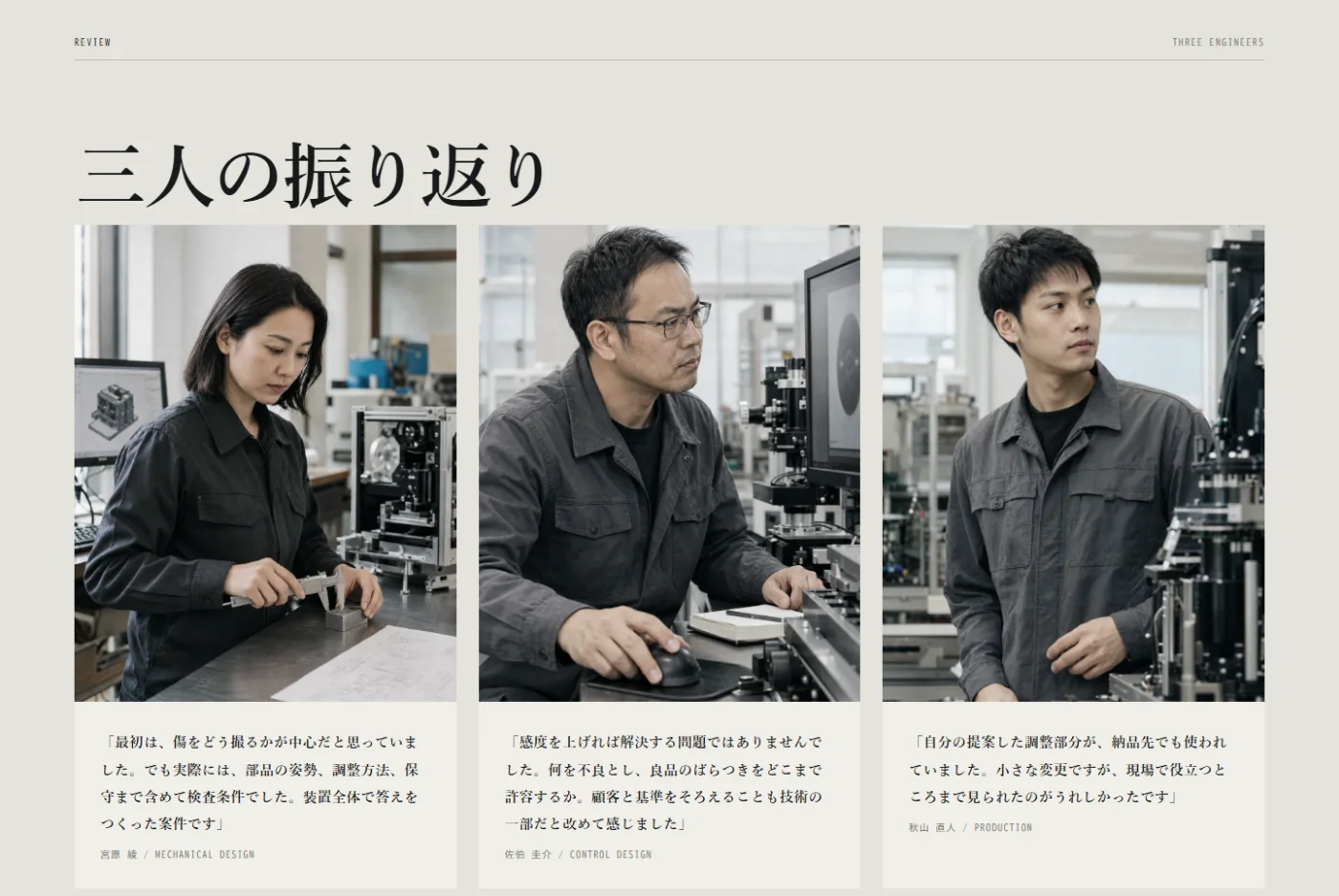 PROJECT STORY末尾の「三人の振り返り」。宮原・佐伯・秋山の写真とコメントが3列で並ぶ画面。
