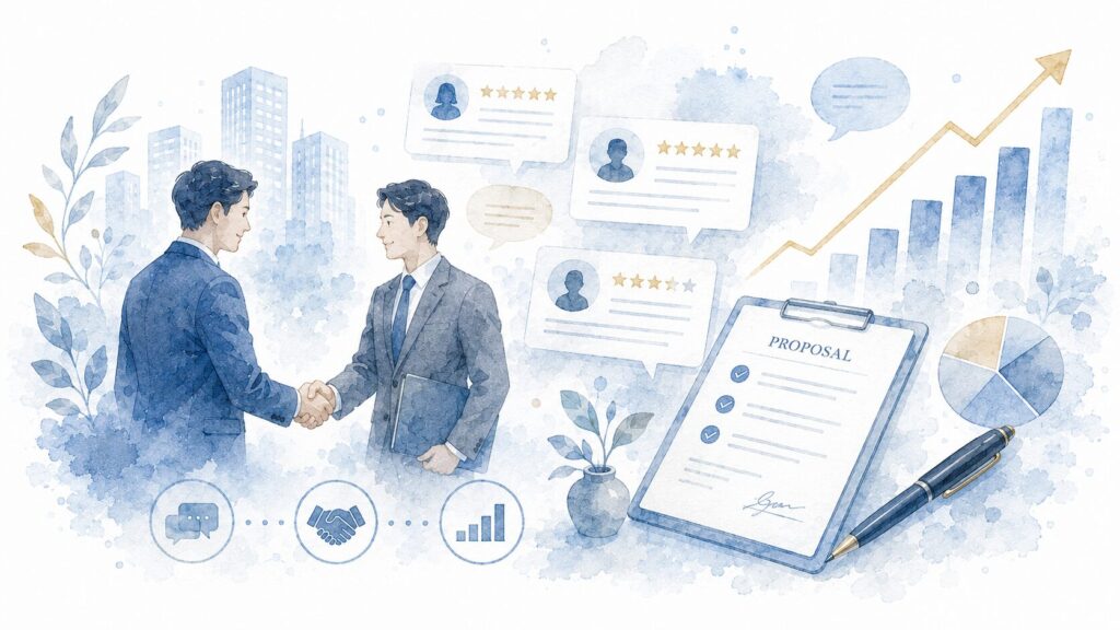 握手と書類・グラフを組み合わせたBtoB営業のイメージ。「顧客の声が営業を動かす」というイメージ。