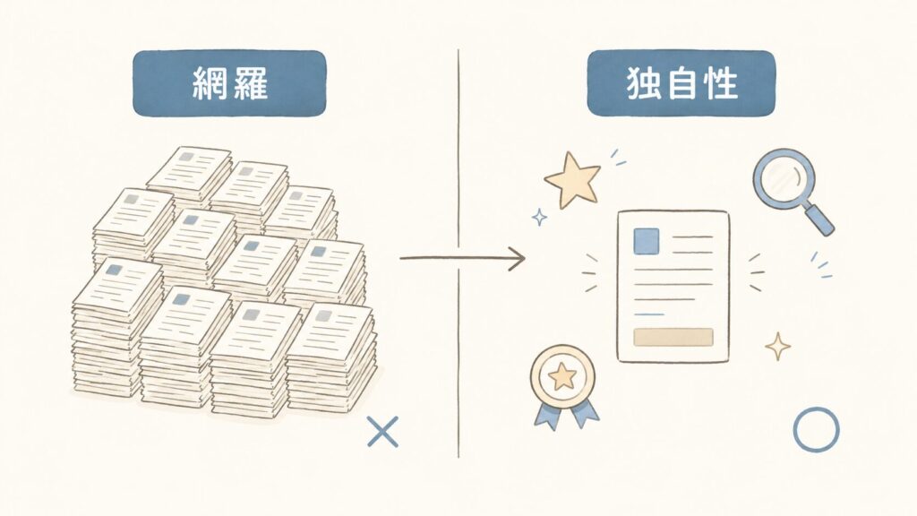 中小企業のSEOが「網羅で勝つ時代」から「一次情報と経験の独自性で勝つ時代」へ変わったことを示した対比図