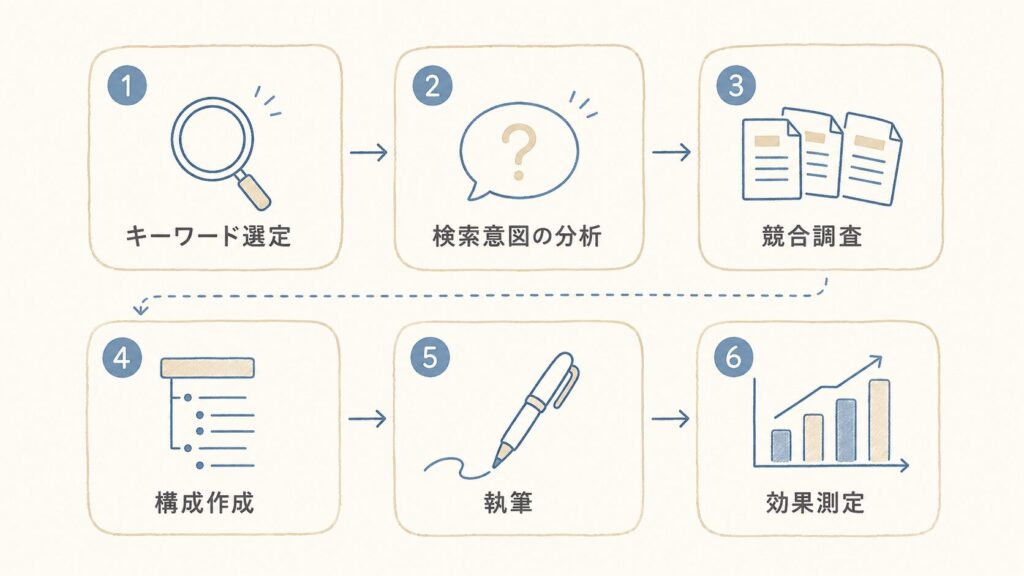 SEO記事制作の6ステップ（キーワード選定・検索意図の分析・競合調査・構成作成・執筆・効果測定）を示した図